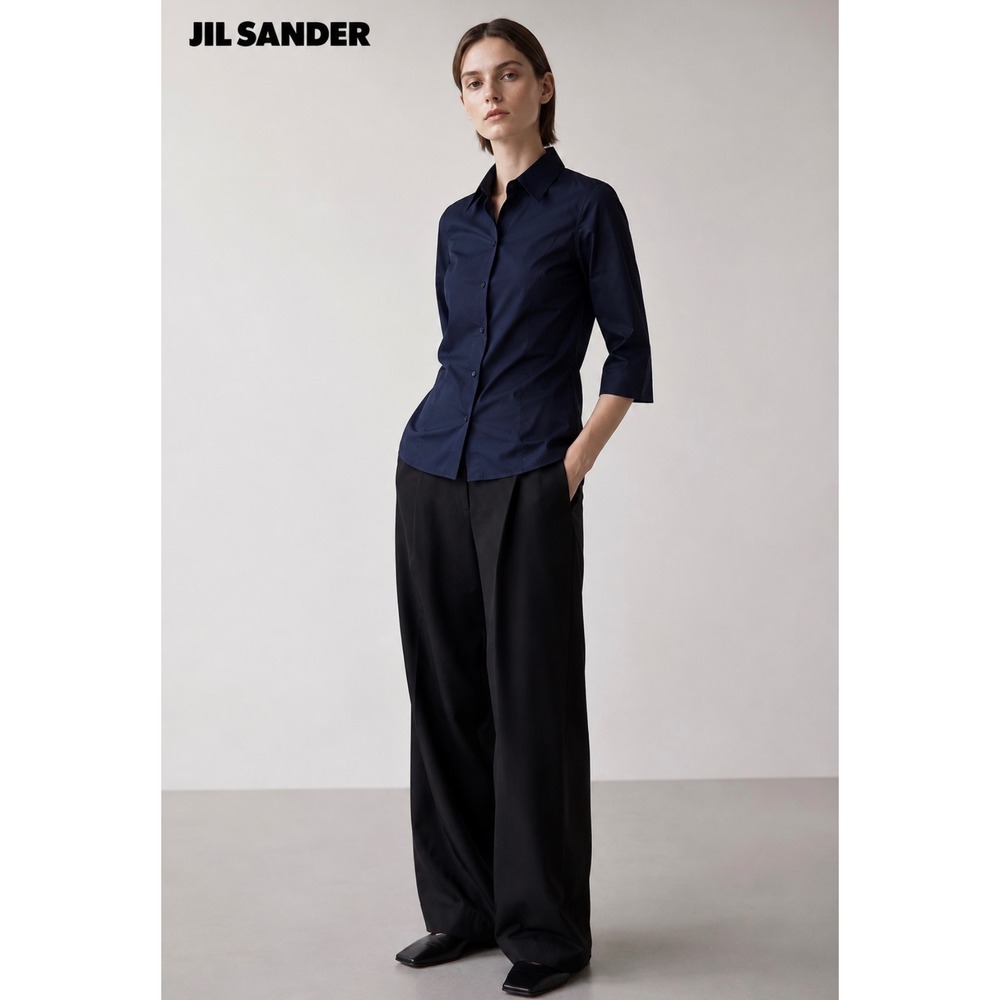 Jil Sander Women 36 navy blue Stretch Cotton Poplin Shirt 3/4 Sleeve Made Italy